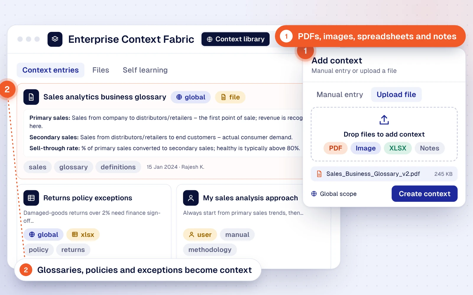 Context library with a sales business glossary, and an upload panel accepting PDFs, images, spreadsheets and notes