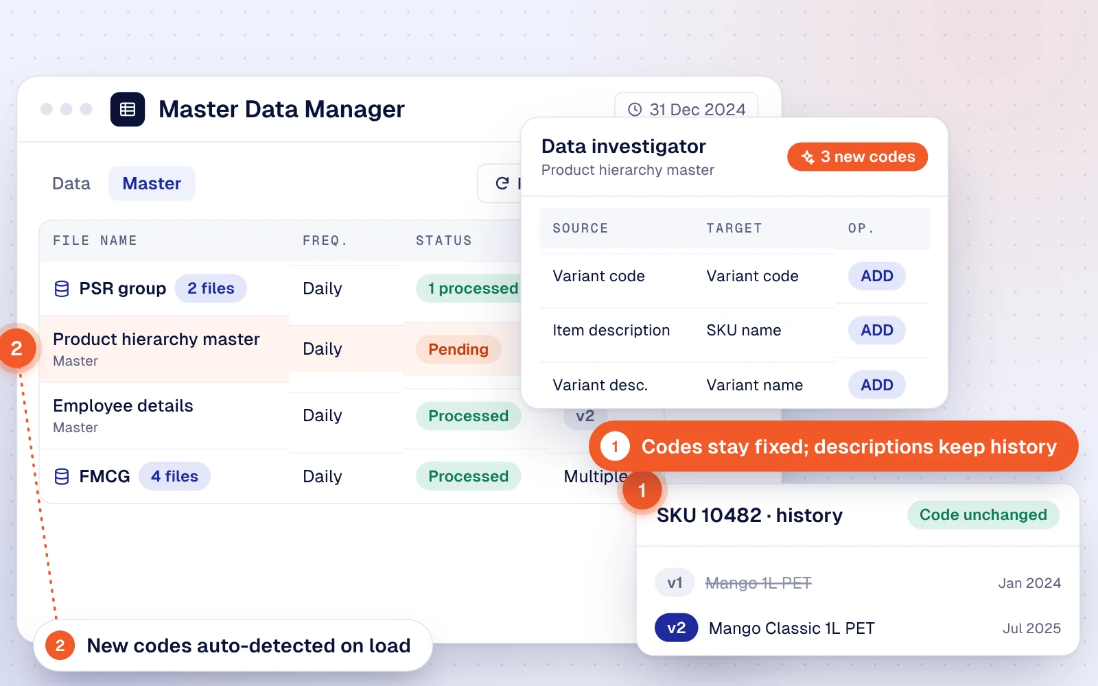 Master Data Manager auto-detecting new codes, with a change history that keeps codes fixed while descriptions change
