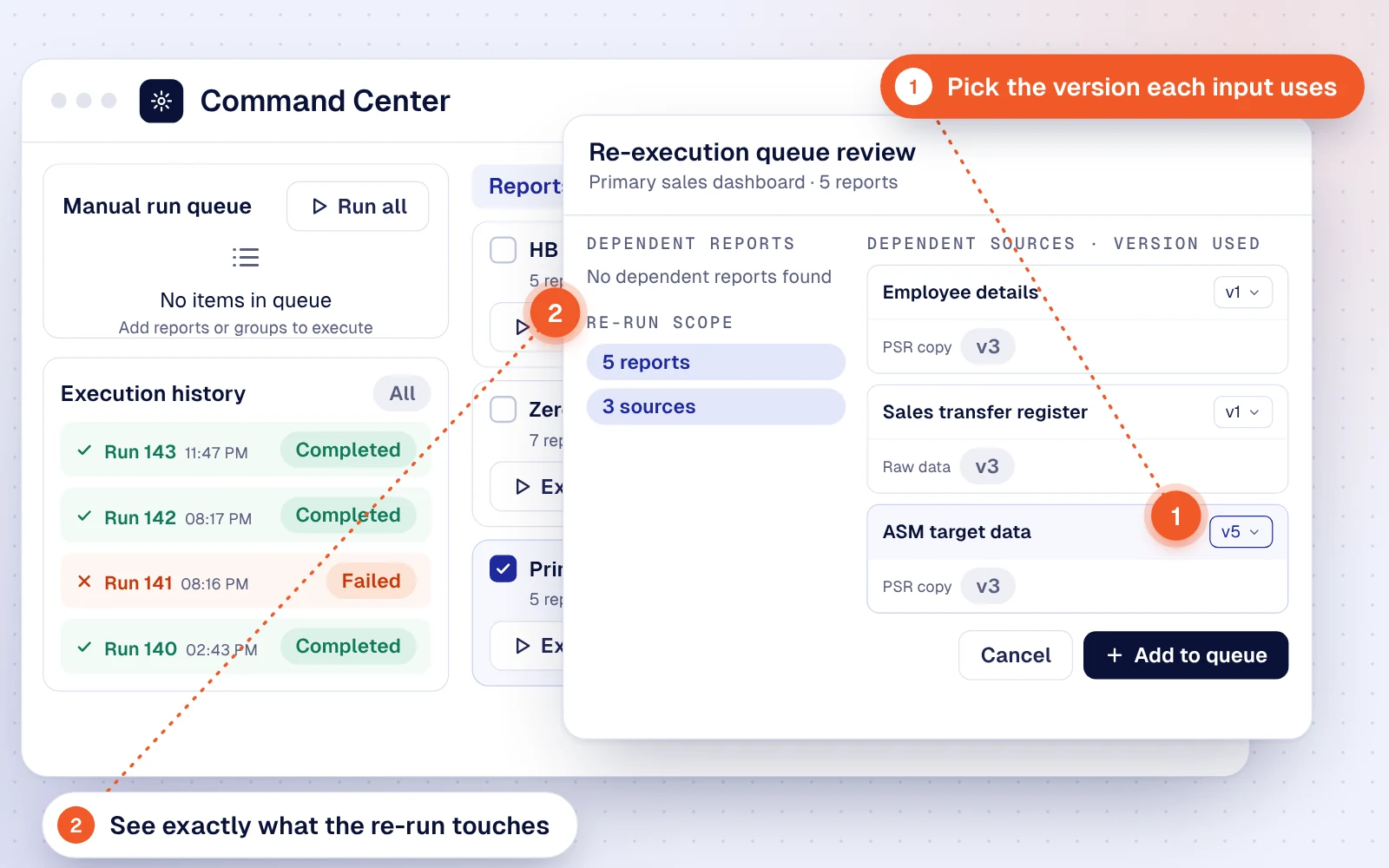 Re-execution queue review listing the dependent sources for a report group, each with its selected version