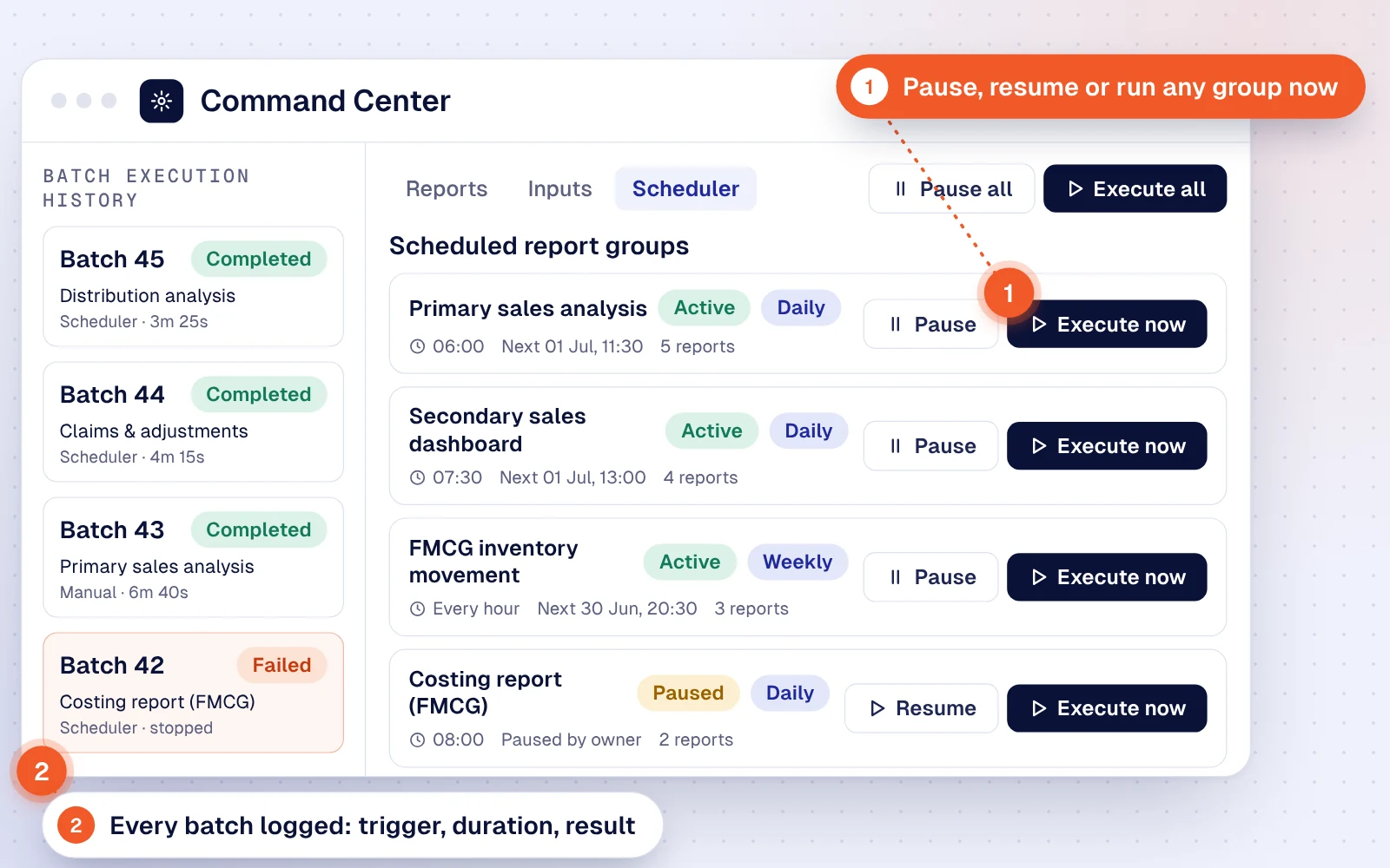 Command Center with scheduled report groups and a batch execution history showing completed and failed batches with trigger and duration