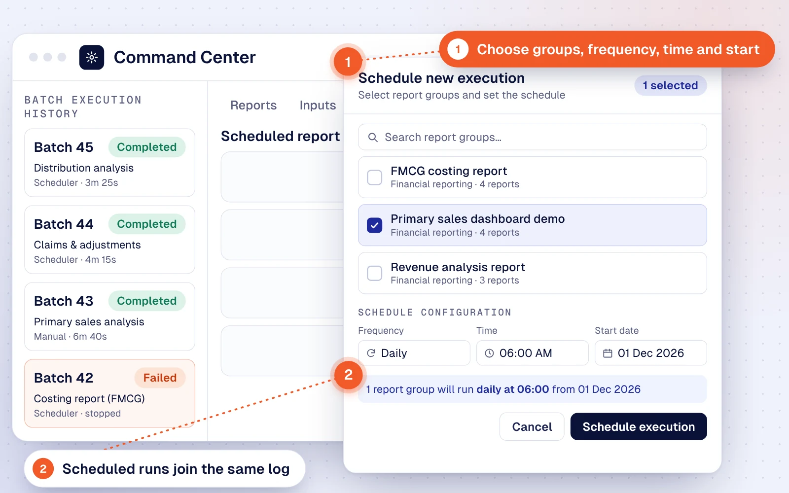 Schedule new execution dialog with one report group selected and a daily 06:00 schedule configured