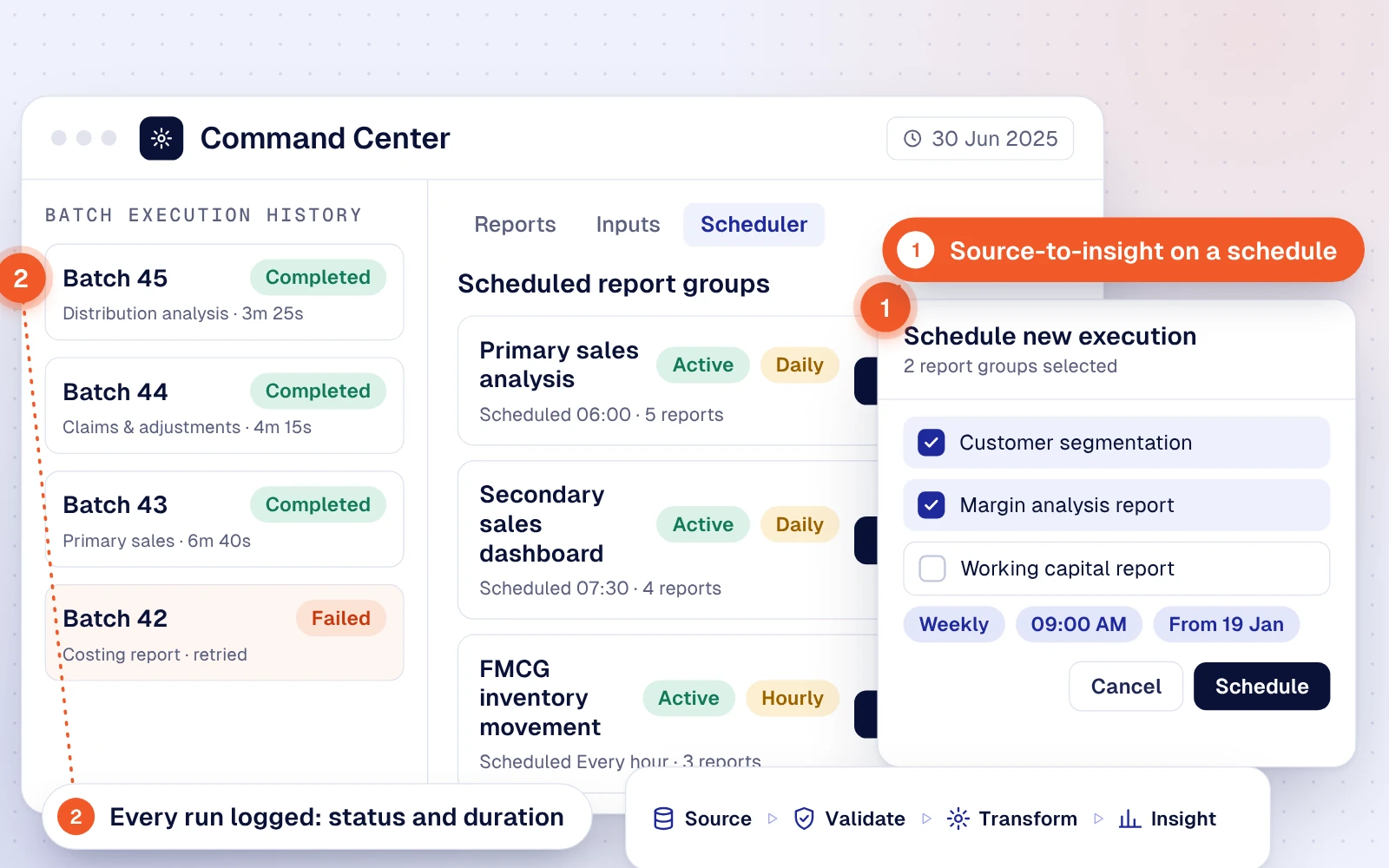 Command Center scheduling source-to-insight report runs, with a batch history that logs every run and its duration