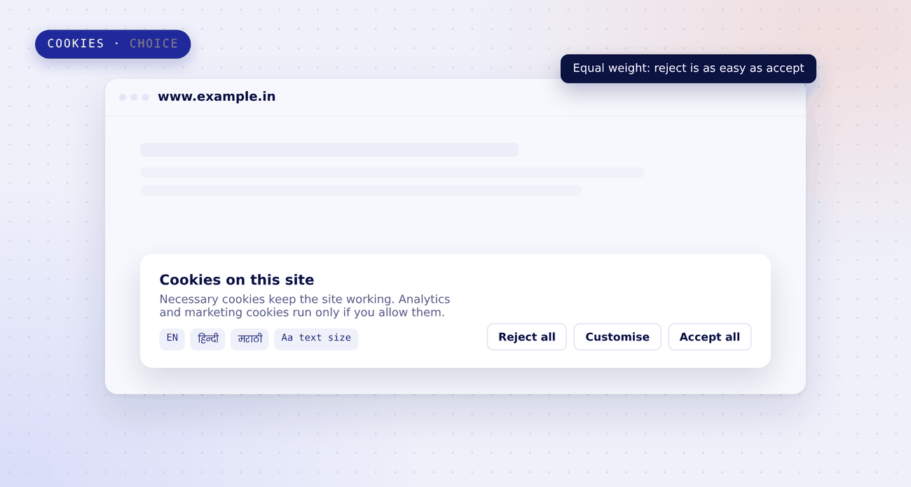 Cookie banner on a website with Reject all, Customise and Accept all buttons of equal weight, language options for English, Hindi and Marathi, and a text-size control