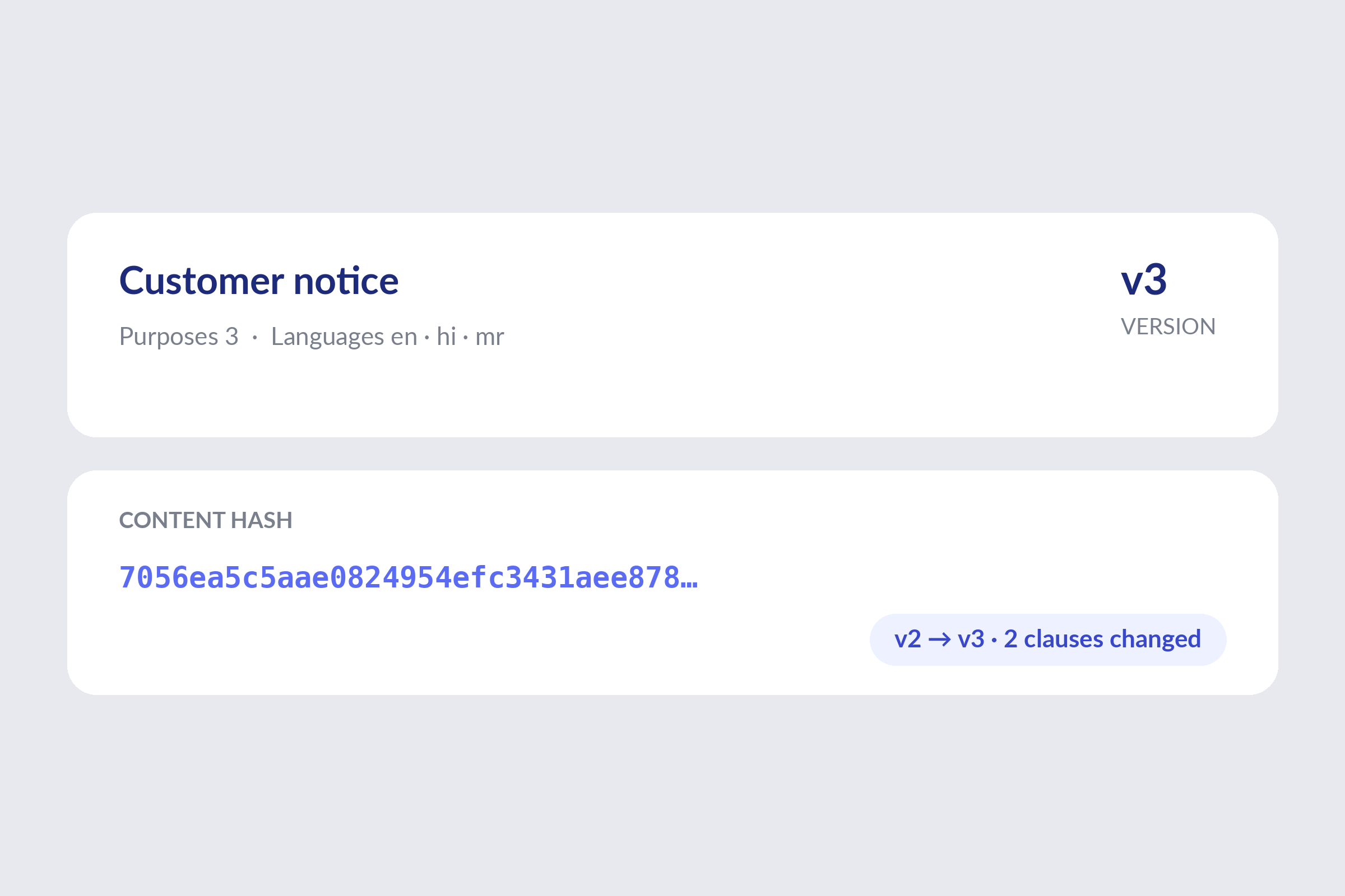 Customer notice version 3 with three purposes in English, Hindi and Marathi, its content hash, and a v2 to v3 change of two clauses