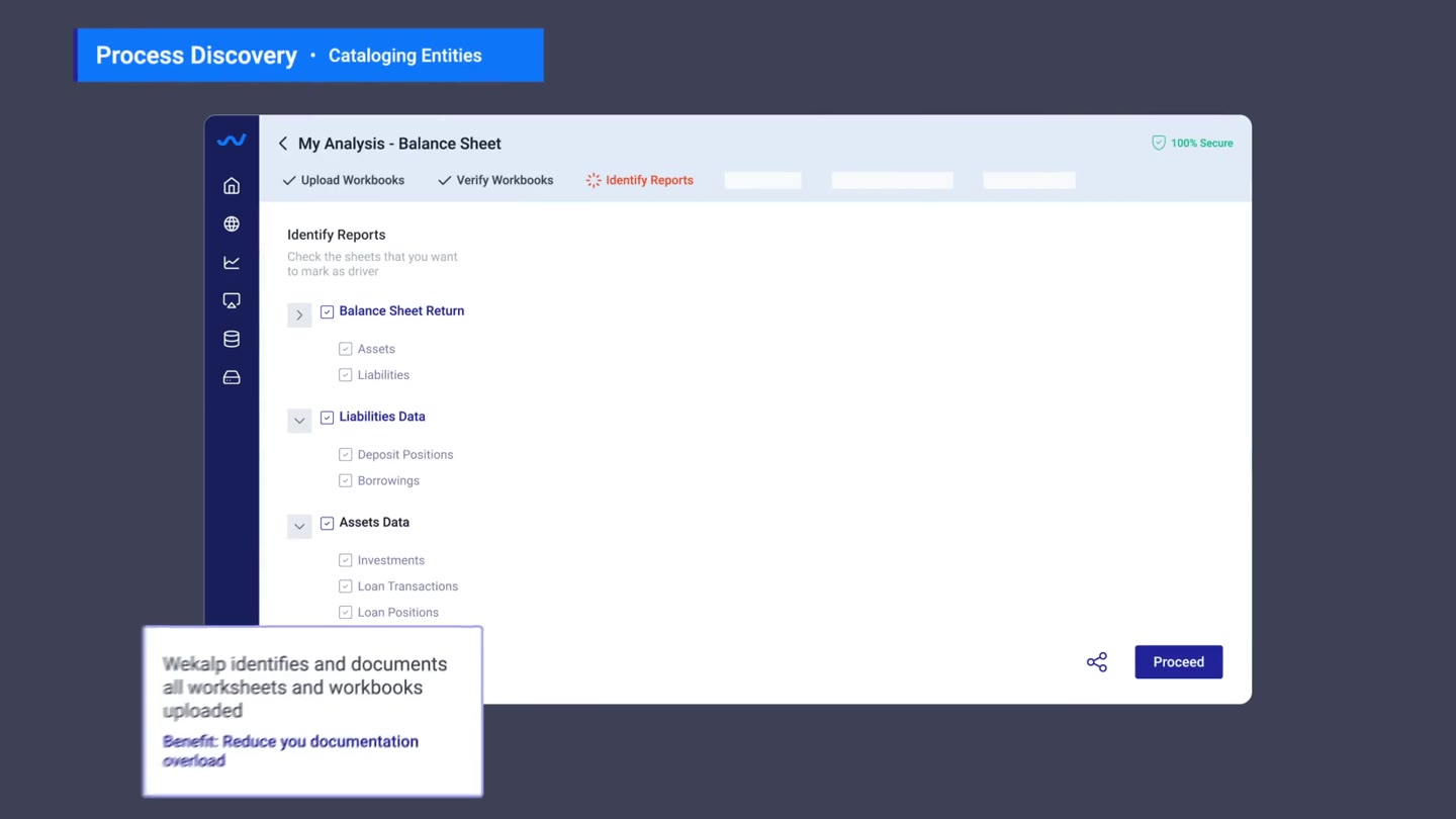 Process discovery cataloguing the entities in an uploaded balance sheet workbook, with a callout explaining that Wekalp identifies and documents all worksheets and workbooks